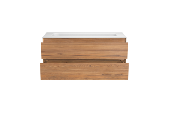 Balmani Mitra meuble salle de bains suspendu 120 x 55 cm teck avec Tablo Arcato lavabo simple pour 2 trous de robinet en solid surface blanc mat