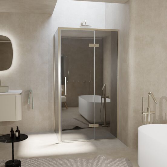 Balmani Senses Design douche en coin avec porte pivotante à droite et paroi latérale fixe, 100 x 80 cm, Miroir Reflex, Profil Brushed CoolMetal