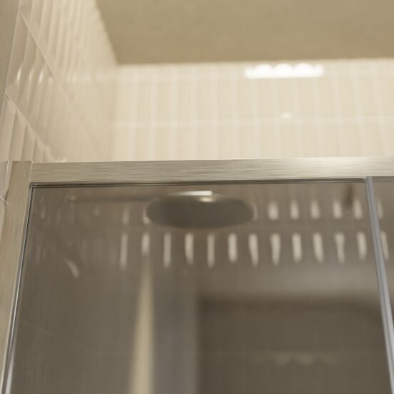 Balmani Senses Design Dusche Schiebetür, Links, 120 cm x 210 cm, Reflex-Spiegelglas, Profil Brushed CoolMetal