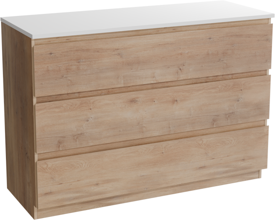 Linie Lado staand badkamermeubel 120 x 46 cm natuur eik met Lado dubbel tablet in composietmarmer glanzend wit