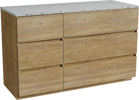 Storke Edge staand badkamermeubel 130 x 52 cm ruwe eik met Tavola enkel of dubbel tablet in mat wit/zwart terrazzo