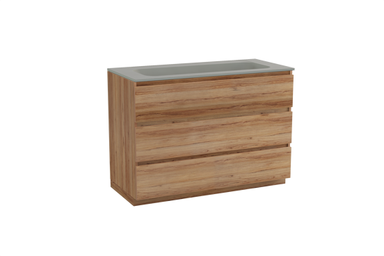 Balmani Lucida staand badkamermeubel 120 x 55 cm teak met Tablo Strada enkele wastafel voor 2 kraangaten in composietmarmer zijdegrijs