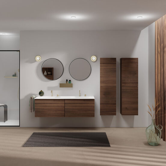 Balmani Forma meuble salle de bains suspendu 150 x 55 cm noyer américain avec Tablo Oval double vasque en solid surface blanc mat, Nervure droite symétrique horizontale