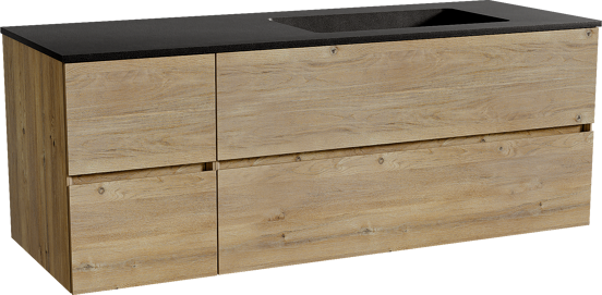 Storke Edge zwevend badmeubel 140 x 52 cm ruw eiken met Scuro asymmetrisch rechtse wastafel in kwarts mat zwart