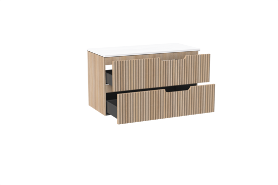 Linie Ribbo meuble salle de bains suspendu 100 x 46 cm chêne clair avec Lado tablette simple ou double en marbre composite blanc mat, Nervure circulaire symétrique verticale