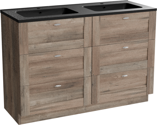 Linie Classo staand badkamermeubel 120 x 46 cm grijze eik met Vano dubbele wastafel in composietmarmer mat zwart