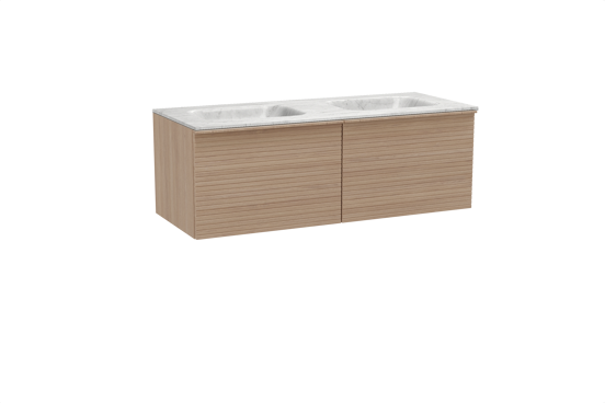 Balmani Forma zwevend badkamermeubel 135 x 55 cm natuur eik met Tablo Arcato dubbele wastafel in marmer carrara, Horizontale symmetrische rechte ribbel