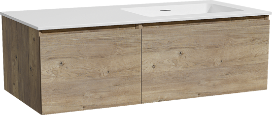 Storke Edge zwevend badmeubel 110 x 52 cm ruw eiken met Mata asymmetrisch rechtse wastafel in solid surface mat wit