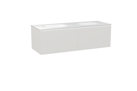 Balmani Idra hängendes Möbelstück Set: 150 x 55 cm, Weiß matt, mit Tablo Oval Doppelwaschtisch, Solid Surface Weiß matt