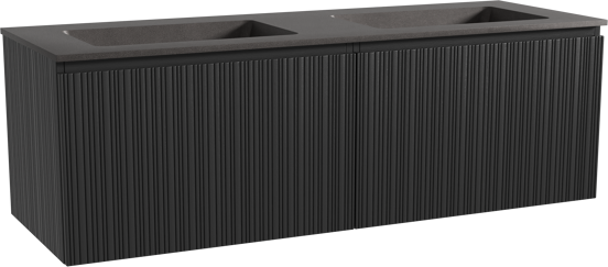 Storke Ribs zwevend badmeubel 150 x 52 cm zwart eiken met Scuro dubbele wastafel in kwarts mat zwart, Verticale asymmetrische rechte ribbel