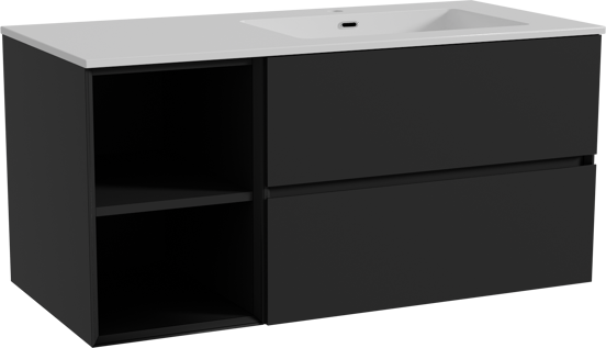 Storke Edge meuble salle de bains suspendu 110 x 52 cm noir mat avec Diva plan vasque asymétrique à droite en marbre composite blanc brillant