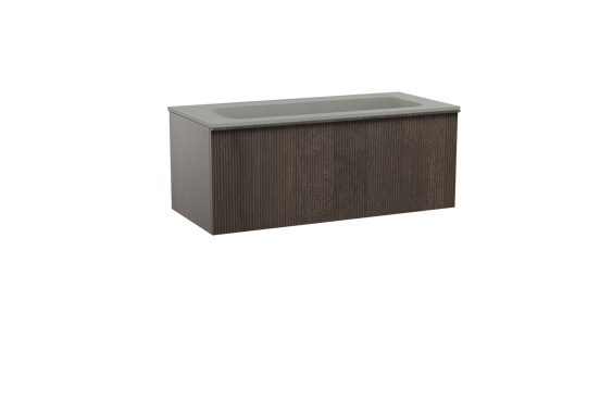 Balmani Forma zwevend badkamermeubel 120 x 55 cm gerookte eik met Tablo Strada enkele wastafel voor 2 kraangaten in composietmarmer zijdegrijs, Verticale symmetrische rechte ribbel