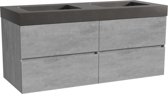 Storke Edge zwevend badmeubel 130 x 52 cm beton donkergrijs met Scuro High dubbele wastafel in kwarts mat zwart