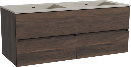 Storke Edge zwevend badmeubel 130 x 52 cm notenhout met Diva dubbele wastafel in top solid zijdegrijs