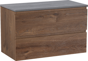 Linie Lado zwevend badkamermeubel 90 x 46 cm bruine eik met Lado enkel tablet in melamine beton donkergrijs