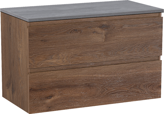 Linie Lado hängendes Möbelstück Set: 90 x 46 cm, Braune Eiche, mit Lado Einzel Waschtischplatte, Melamin Beton dunkelgrau
