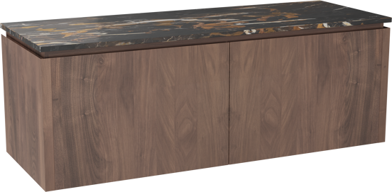 Balmani Eclips hängendes Möbelstück Set: 150 x 55 cm, Amerikanischer Nussbaum, mit Stretto Einzel- oder Doppel Waschtischplatte Portoro Gold Marmor