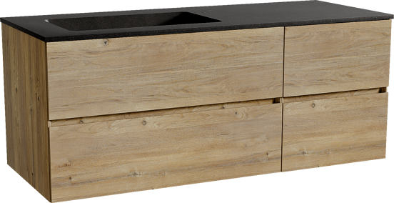 Storke Edge zwevend badmeubel 130 x 52 cm ruw eiken met Scuro asymmetrisch linkse wastafel in kwarts mat zwart