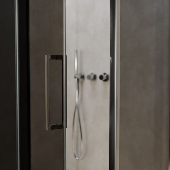 Balmani Senses Design douchehoek met linkse draaideur en vaste zijwand, 100 x 100 cm, Rookglas, Chroom profielen, met coating
