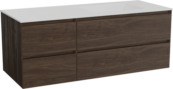 Balmani Mitra hängendes Möbelstück Set: 135 x 55 cm, Amerikanischer Nussbaum, mit Tablo Stretto Waschtisch rechts, Solid Surface Weiß matt
