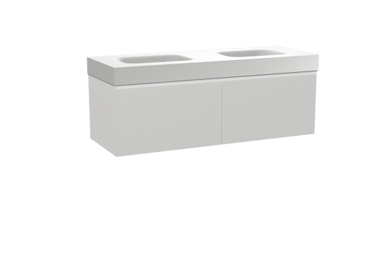 Balmani Fila zwevend badkamermeubel 150 x 55 cm mat wit met Arcato dubbele wastafel in solid surface mat wit, Verticale symmetrische rechte ribbel