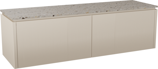 Balmani Eclips meuble salle de bains suspendu 180 x 55 cm Sandbeige avec Stretto tablette simple ou double en Terrazzo greige, Nervure droite symétrique verticale