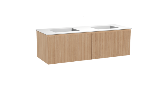 Balmani Fila hängendes Möbelstück Set: 150 x 55 cm, Naturbelassene Eiche, mit Tablo Stretto Doppelwaschtisch, Solid Surface, Weiß matt, Vertikale symmetrische gerade Rippe
