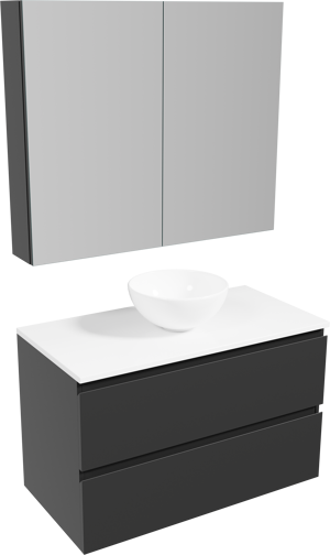 Linie Lado meuble salle de bains suspendu 90 x 46 cm noir mat avec Lado tablette, vasque à poser en porcelaine blanche brillante et Montro armoire de toilette
