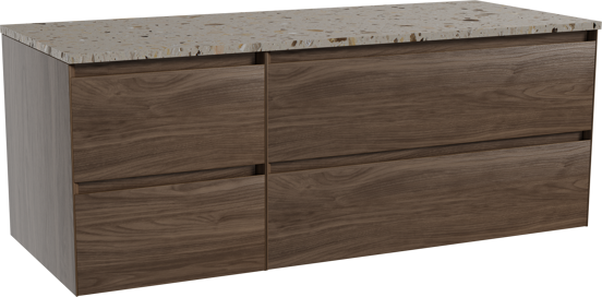 Balmani Mitra meuble salle de bains suspendu 135 x 55 cm noyer américain avec Stretto tablette simple ou double en terrazzo greige terrazzo