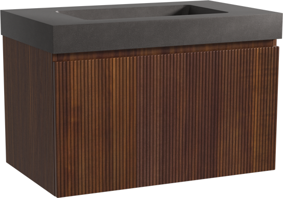 Storke Ribs hängendes Möbelstück Set: 85 x 52 cm, Nussbaum, mit Scuro High Einzelwaschtisch, Quarz, Schwarz matt, Vertikale symmetrische gerade Rippe