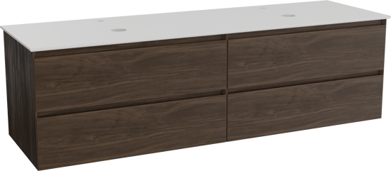Balmani Mitra zwevend badkamermeubel 180 x 55 cm amerikaanse notelaar met Facetta dubbel tablet in solid surface mat wit
