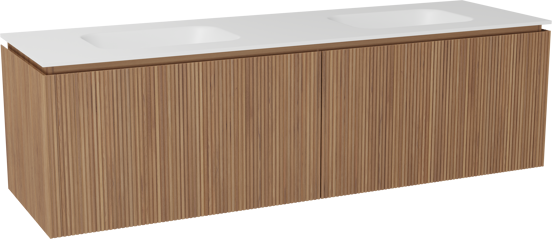 Balmani Eclips zwevend badkamermeubel 180 x 55 cm Teak met Tablo Arcato dubbele wastafel in Solid Surface mat wit, Verticale symmetrische rechte ribbel