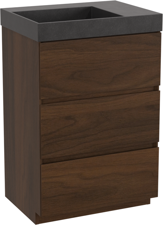 Storke Edge staand badkamermeubel 60 x 46 cm notelaar met Jura asymmetrisch linkse wastafel in kwarts mat zwart