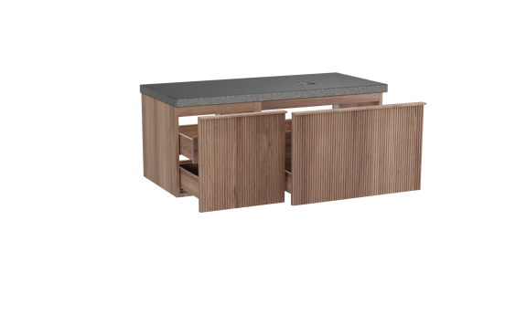 Balmani Forma zwevend badmeubel 120 x 55 cm teakhout met Rock asymmetrisch rechtse wastafel in zwart graniet, Verticale symmetrische rechte ribbel