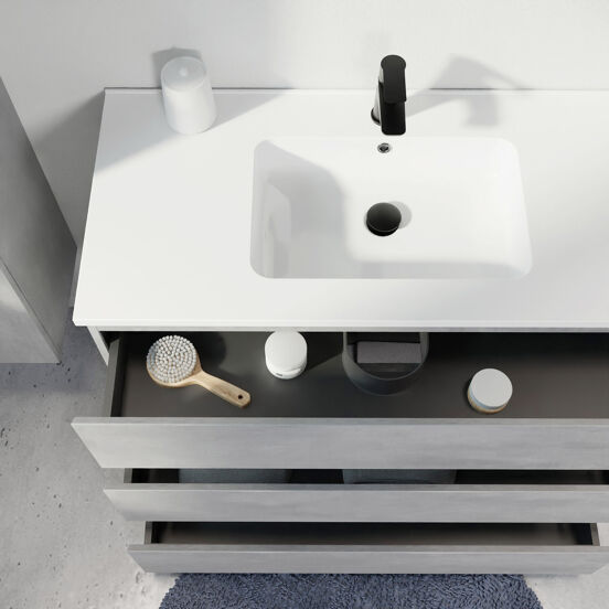 Linie Lado freistehendes Möbelstück Set: 80 x 46 cm, Beton dunkelgrau, mit Vano Einzelwaschtisch, Marmorkomposit Weiß glänzend