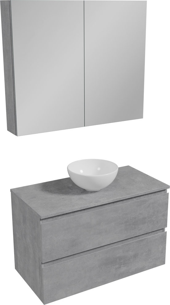 Linie Lado zwevend badkamermeubel 90 x 46 cm beton donkergrijs met Lado tablet, Lavo waskom in glanzend witte porselein en Montro spiegelkast