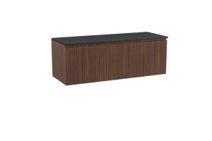 Storke Ribs meuble salle de bains suspendu 140 x 52 cm noyer avec Panton tablette simple ou double en mdf enduit de poudre noir mat, Nervure droite symétrique verticale