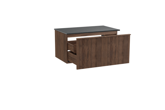 Balmani Forma zwevend badkamermeubel 90 x 55 cm amerikaanse notelaar met Stretto enkel tablet in graniet zwart, Verticale symmetrische rechte ribbel