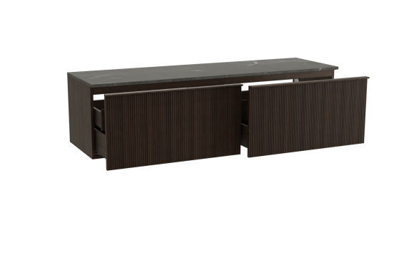 Balmani Forma zwevend badkamermeubel 180 x 55 cm gerookte eik met Stretto enkel of dubbel tablet in marmer pietra grey, Verticale symmetrische rechte ribbel