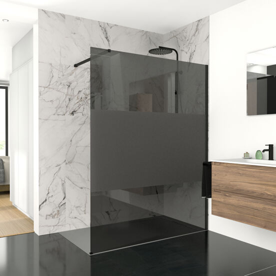 Balmani Modular inloopdouche 160 x 200 cm rookglas met matte strook mat zwart profiel
