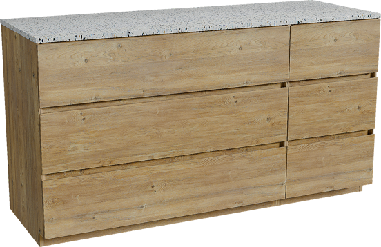 Storke Edge freistehendes Möbelstück Set: 150 x 52 cm, Rohe Eiche, mit Tavola Einzel- oder Doppel Waschtischplatte, Terrazzo in Weiß/Schwarz matt