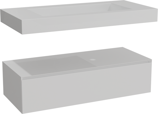 Balmani Mitra Elements zwevend badkamermeubel 120 x 55 cm mat wit met Modus enkele wastafel voor 2 kraangaten in solid surface mat wit