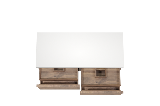Balmani Forma hängendes Möbelstück Set: 135 x 55 cm, Amerikanischer Nussbaum, mit Dominus Einzel- oder Doppel Waschtischplatte, Solid Surface, Weiß matt, Horizontale symmetrische gerade Rippe