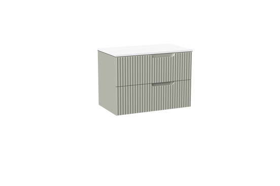 Linie Ribbo meuble salle de bains suspendu 80 x 46 cm greige avec Lado tablette simple en marbre composite blanc brillant, Nervure circulaire symétrique verticale
