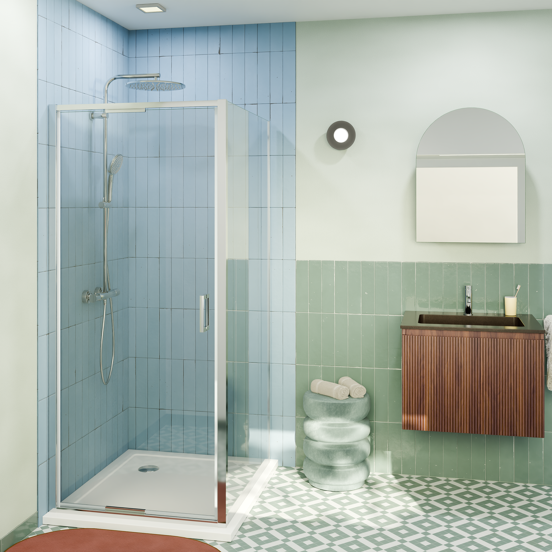 Luca Varess Vidor In Eckdusche: Drehtür und fixierte, Seitenwand, 90 x 90 cm, Klarglas, Chrom Profil, glänzend