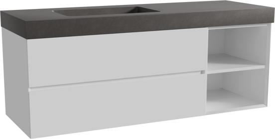Storke Edge meuble salle de bains suspendu 150 x 52 cm blanc brillant avec Scuro High plan vasque asymétrique à gauche en quartz noir mat