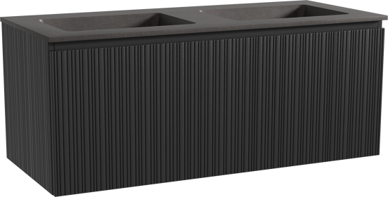 Storke Ribs hängendes Möbelstück Set: 120 x 52 cm, Schwarze Eiche, mit Scuro Doppelwaschtisch, Quarz, Schwarz matt, Vertikale asymmetrische gerade Rippe