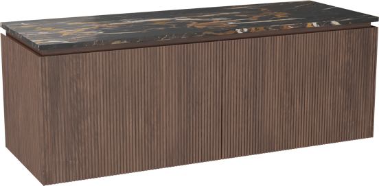 Balmani Eclips hängendes Möbelstück Set: 150 x 55 cm, Amerikanischer Nussbaum, mit Stretto Einzel- oder Doppel Waschtischplatte Portoro Gold Marmor, Vertikale symmetrische gerade Rippe