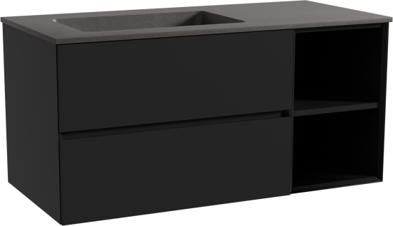 Storke Edge zwevend badmeubel 110 x 52 cm mat zwart met Scuro asymmetrisch linkse wastafel in kwarts mat zwart