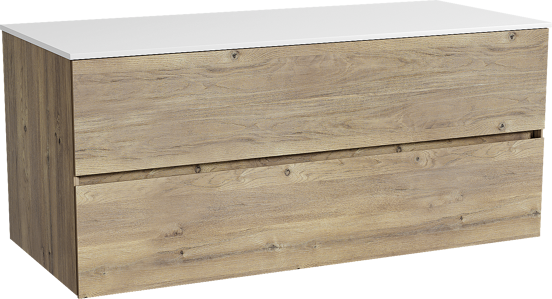 Storke Edge hängendes Möbelstück Set: 120 x 52 cm, Rohe Eiche, mit Tavola Einzel- oder Doppel Waschtischplatte, Solid Surface Weiß matt